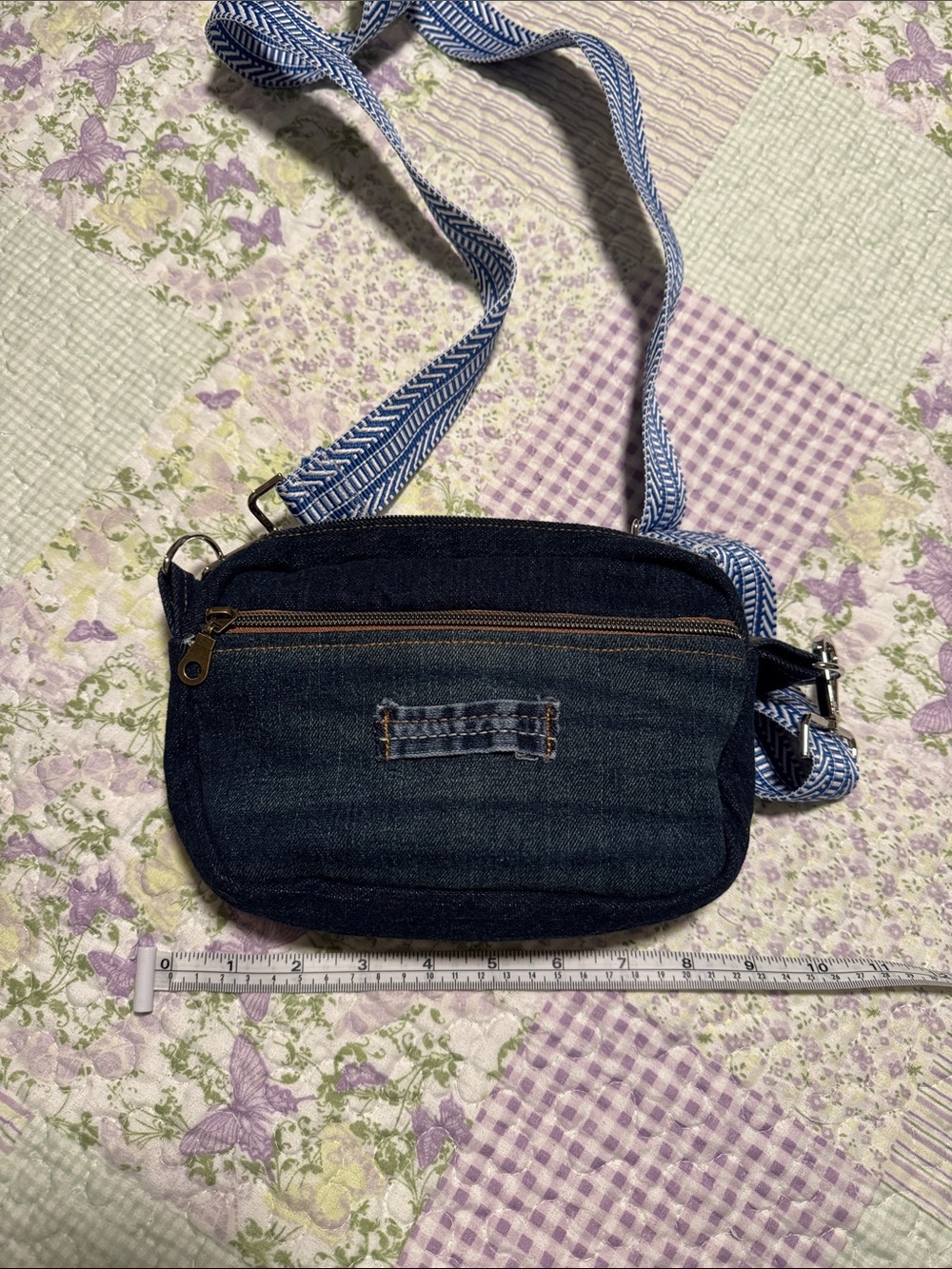 Denim Crossbody Bag with Patterned Strap - Dark Blue